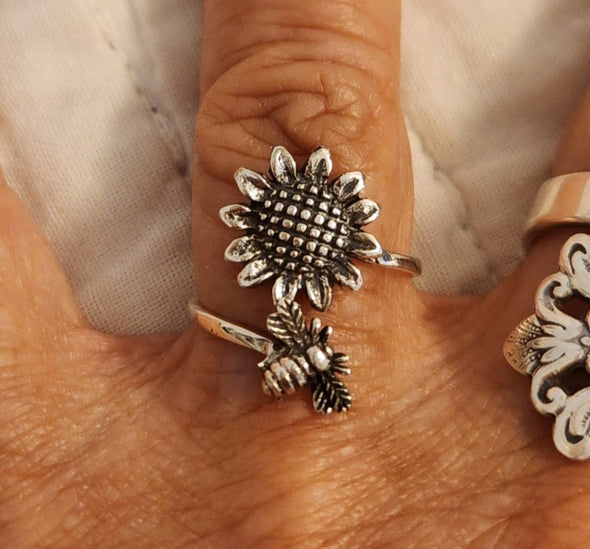 sunflower & bee sterling ring - limited